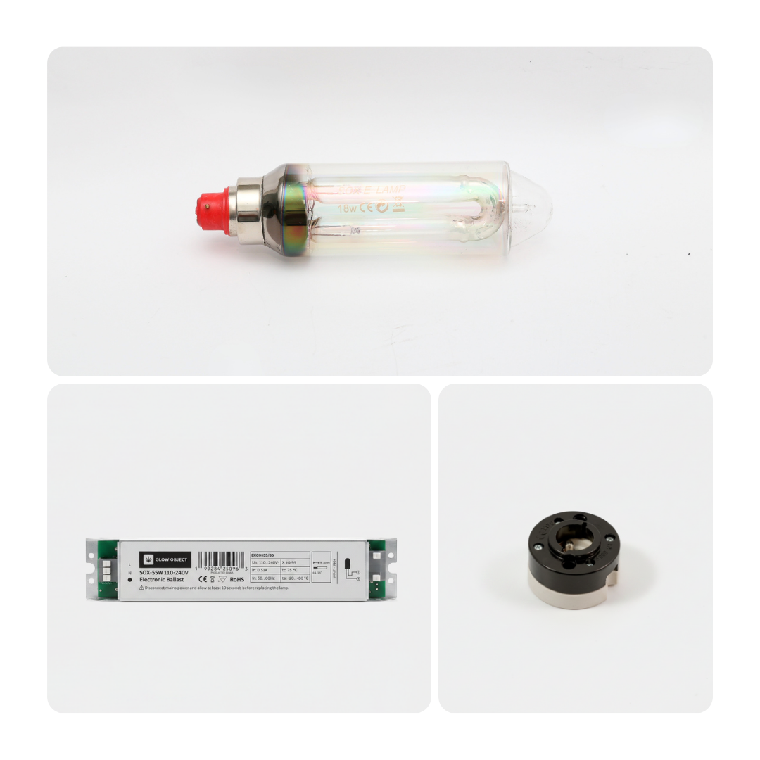 Three electronic components including a Glow Object SOX 18w light bulb, a 18w LPS electronic ballast and a B22 ceramic socket on a white background