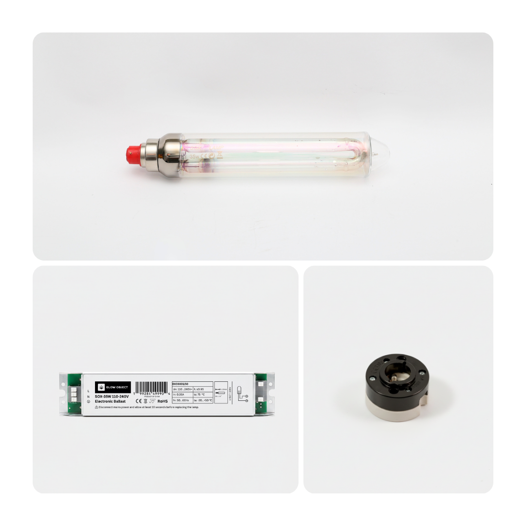 Three electronic components including a Glow Object SOX 35w light bulb, a 35w LPS electronic ballast and a B22 ceramic socket on a white background