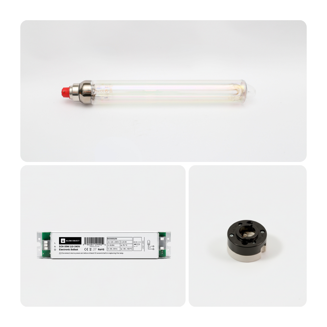 Three electronic components including a Glow Object SOX 55w light bulb, a 55w LPS electronic ballast and a B22 ceramic socket on a white background