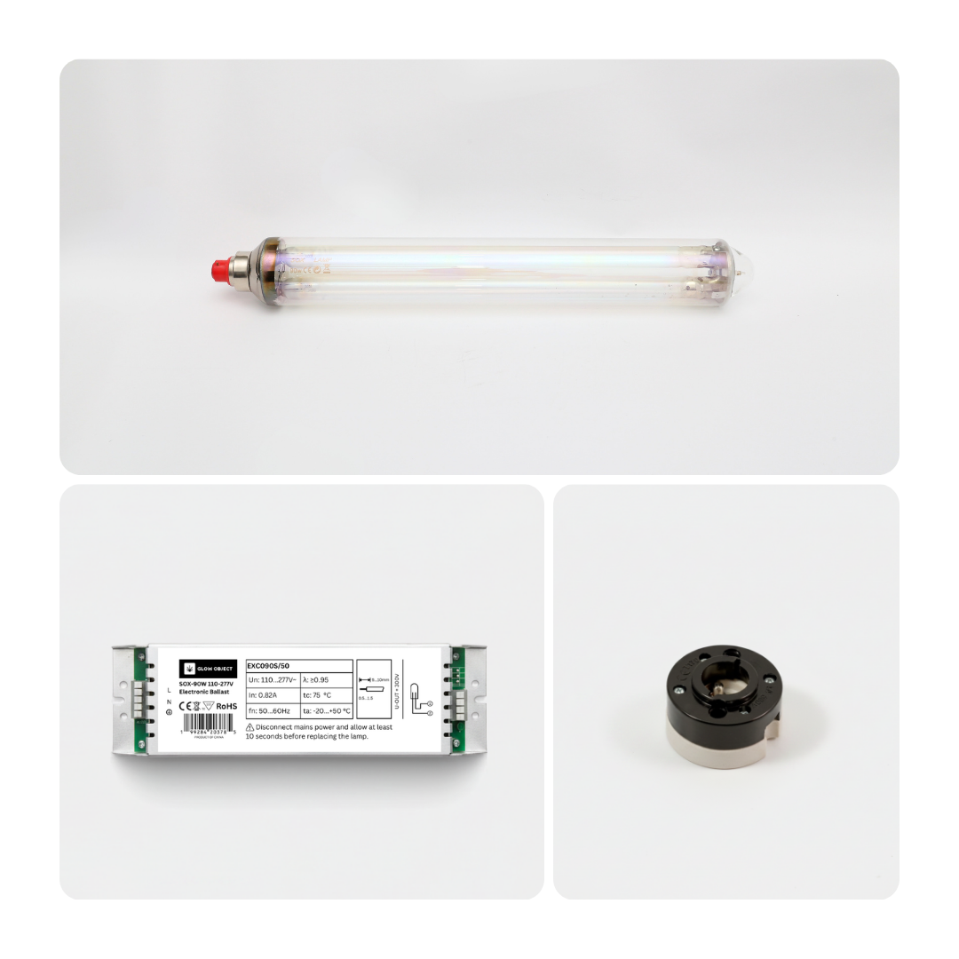Three electronic components including a Glow Object SOX 90w light bulb, a 90w LPS electronic ballast and a B22 ceramic socket on a white background