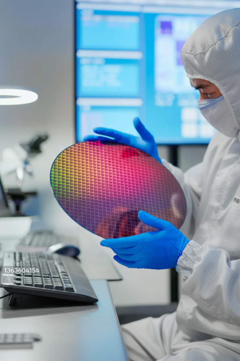 Precision Optical Inspection — Cleanroom Technician with Silicon Wafer