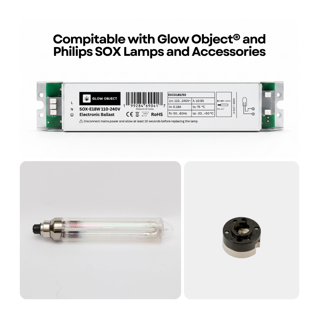 Electronic ballast, lamp, and BY22D socket compatible with Glow Object and Philips SOX lamps on a white background.