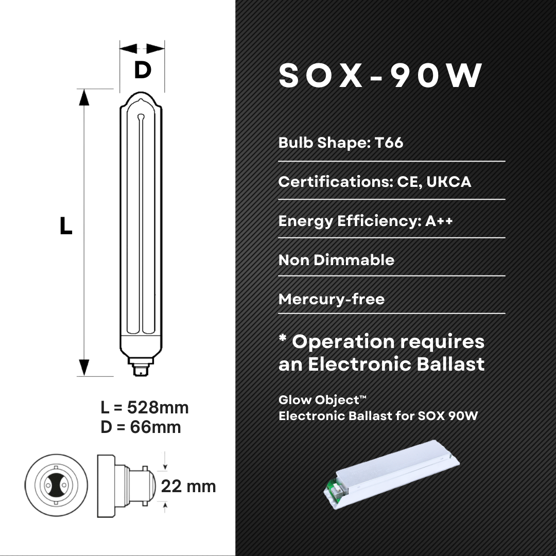 SOX-90W LPS Lamp Technical Specifications – T53 Shape 528mm Length B22 Base CE UKCA Certified