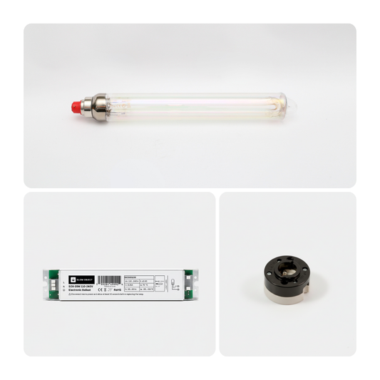 Three electronic components including a Glow Object SOX 55w light bulb, a 55w LPS electronic ballast  and  a B22 ceramic socket on a white background