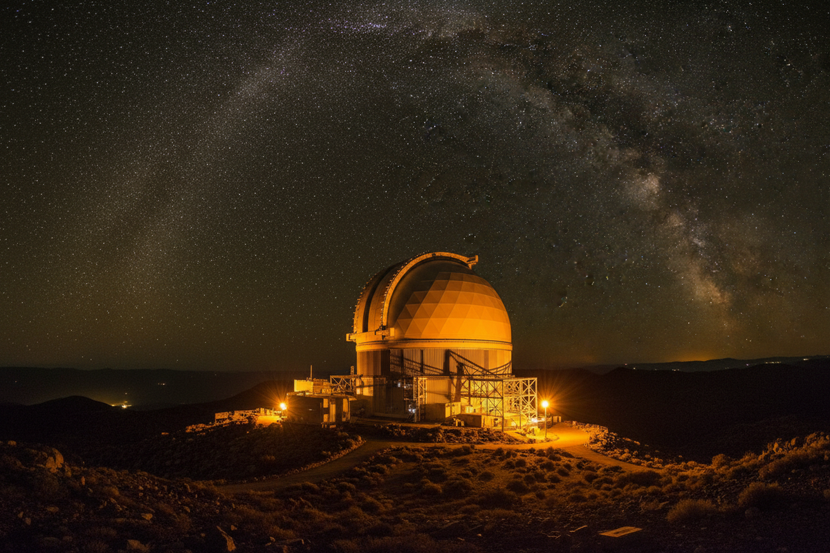 Astronomical observatory dome illuminated by warm amber Low Pressure Sodium (LPS) lighting at night, with the Milky Way visible across a dark, unpolluted sky — demonstrating how LPS sodium lamps preserve dark skies for stargazing and scientific observation.